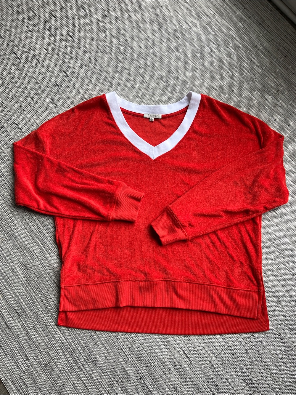 Z Supply Red V-Neck Sweater with White Trim